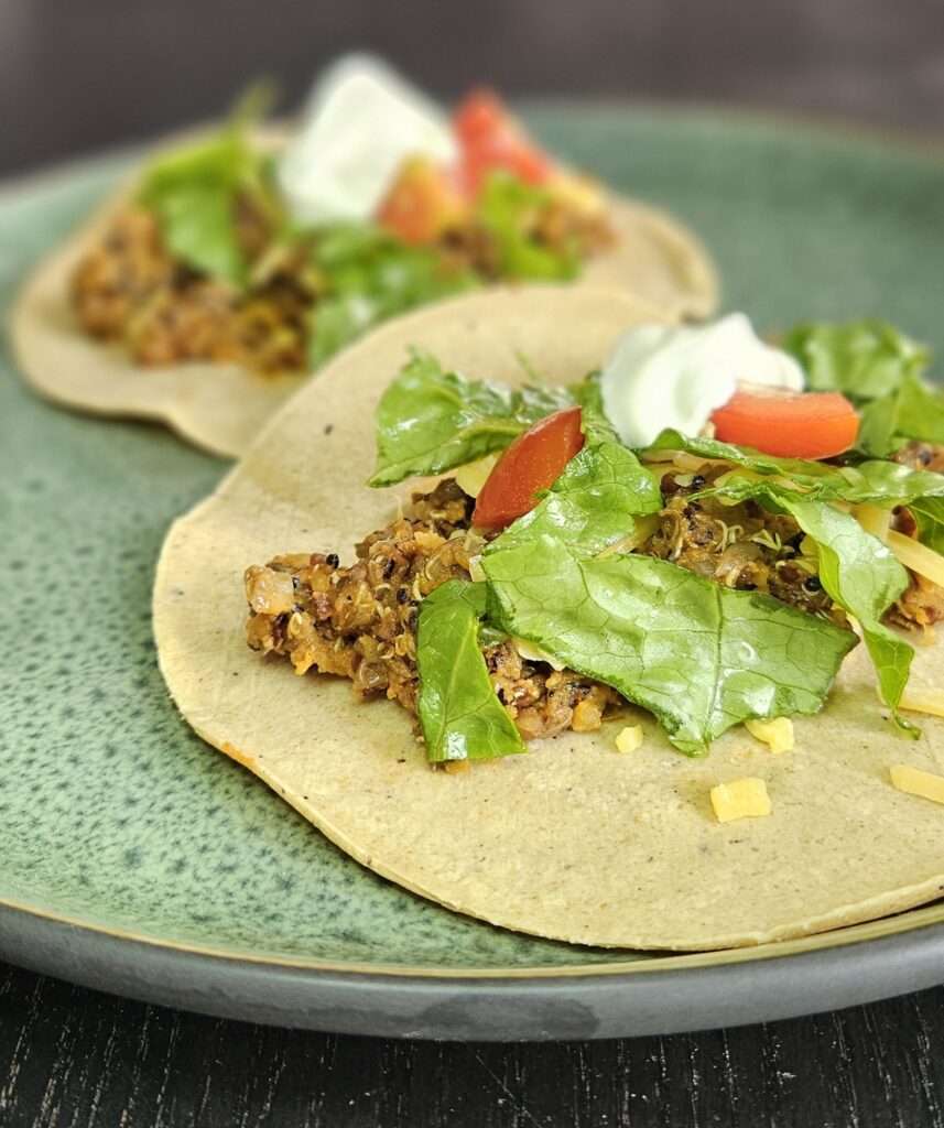Quinoa and lentil vegetarian tacos.