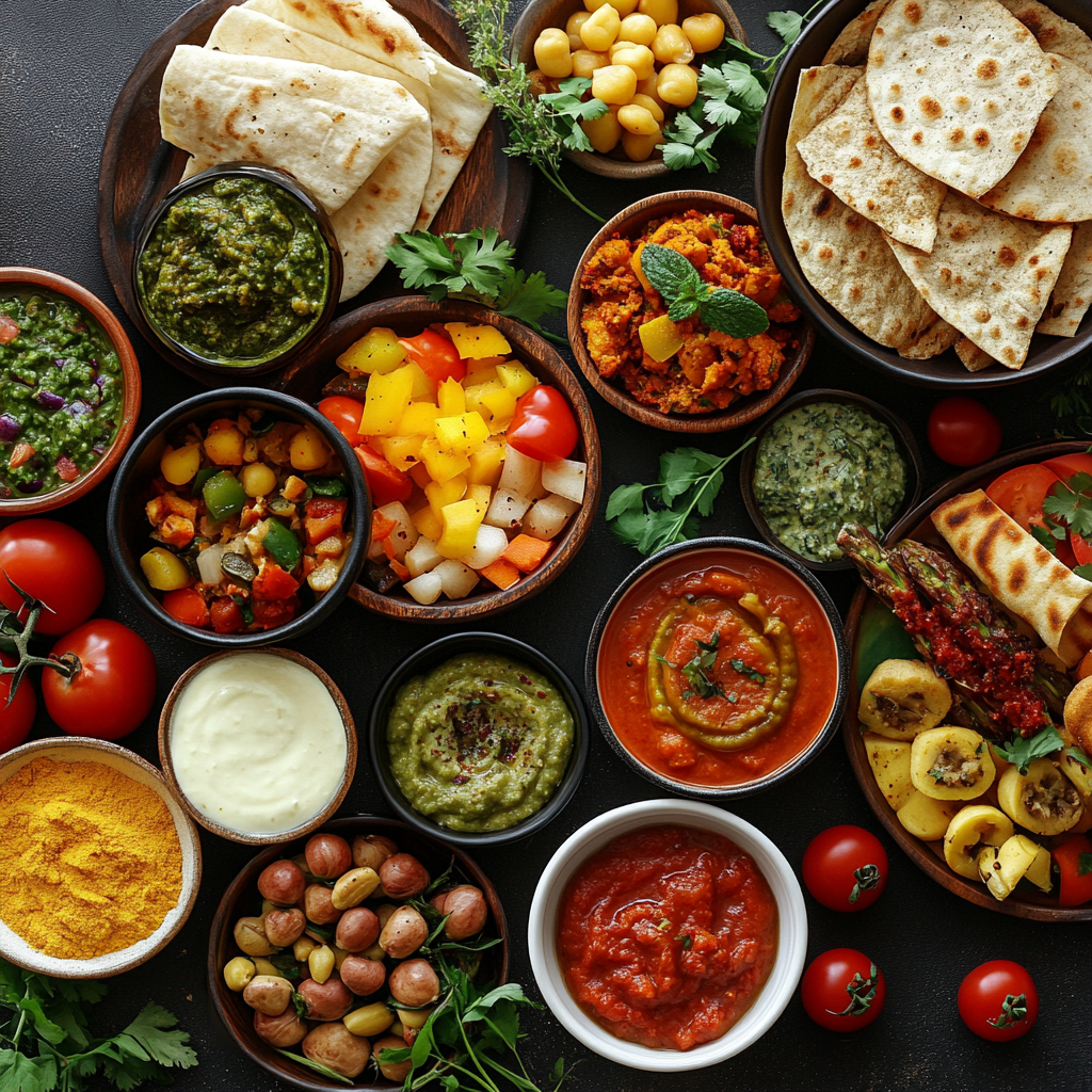 A colorful spread of different vegetarian foods.