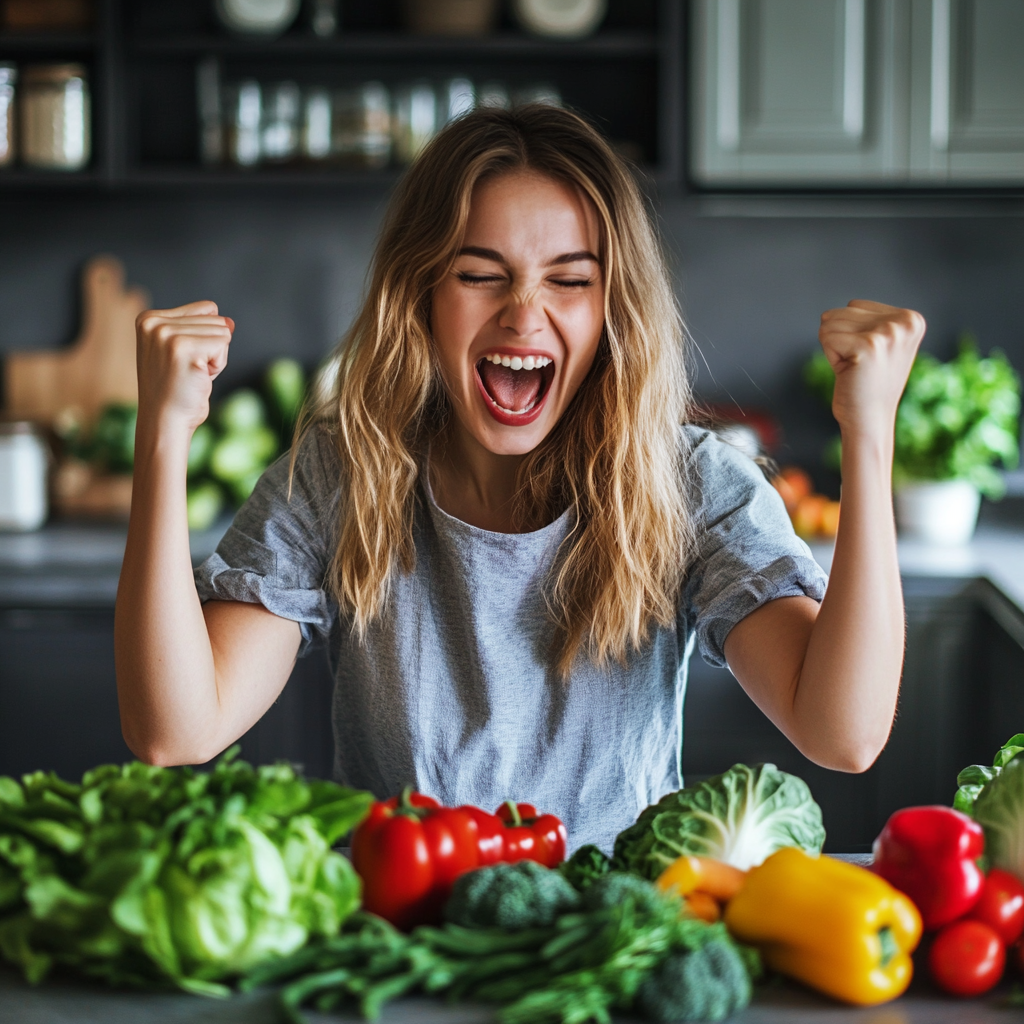 A young woman celebrating an achievement on her vegetarian journey.