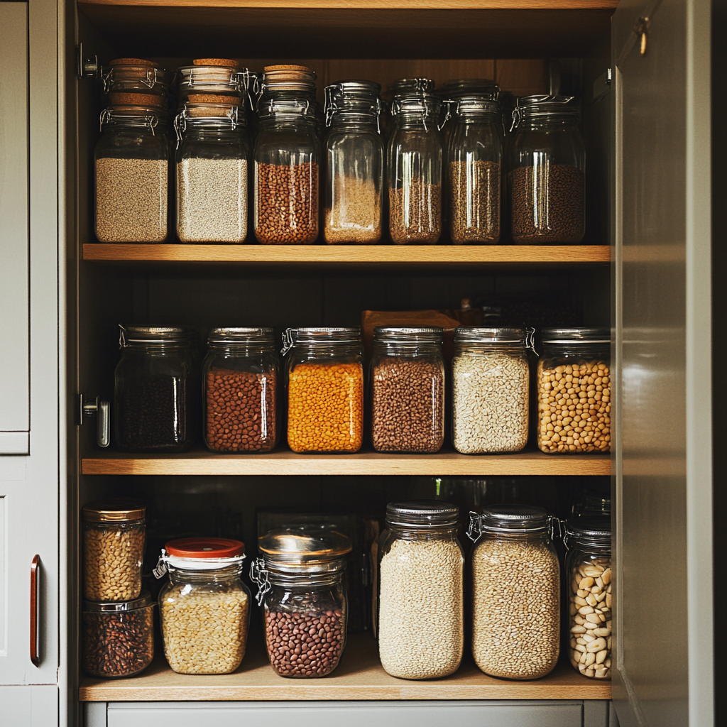 Organized kitchen cupboard stocked with vegetarian supplies like grain and legumes.