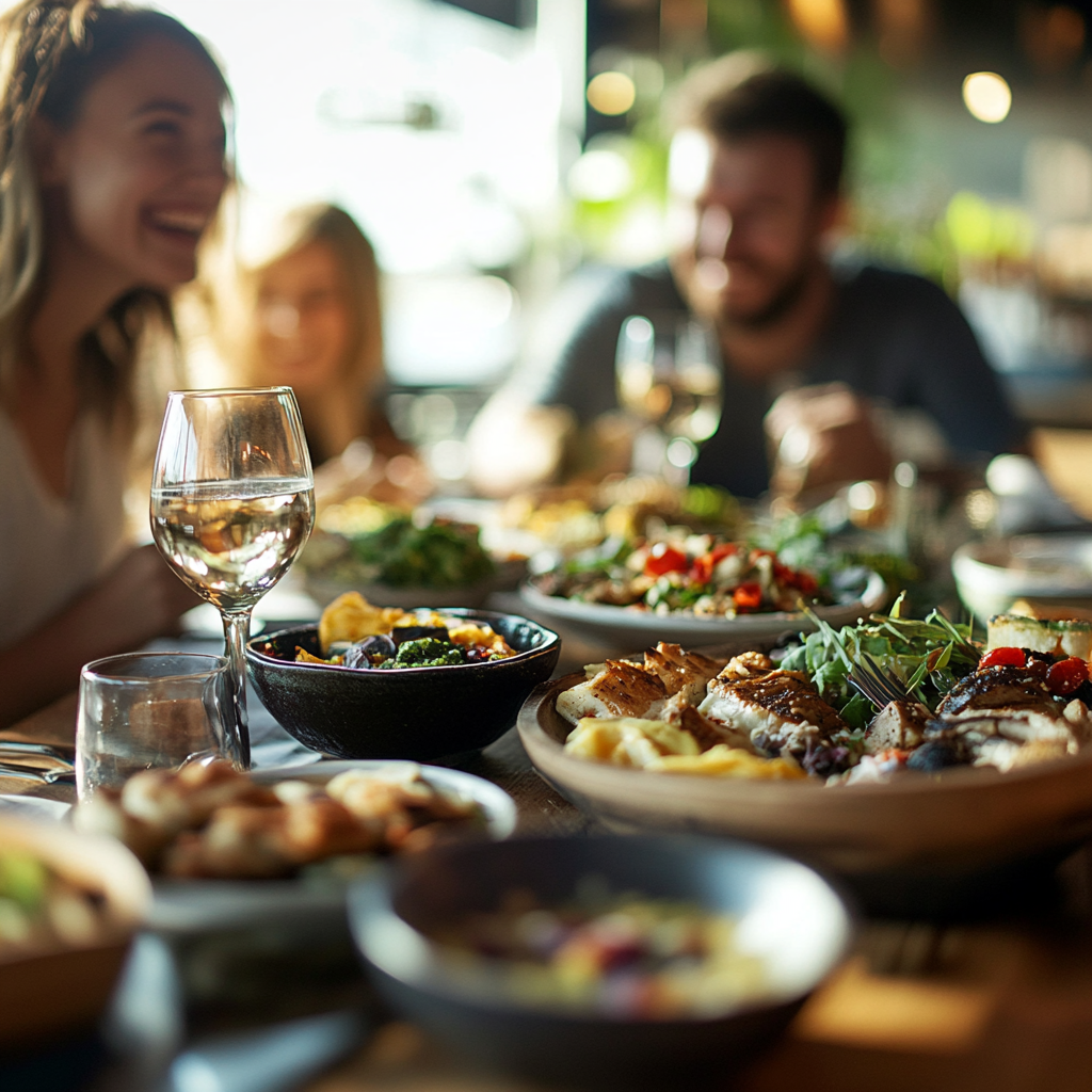 A dinner party with vegetarian food.