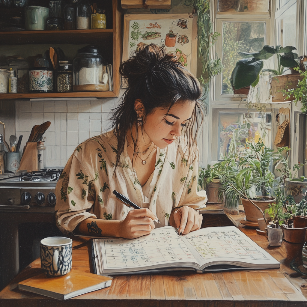 Young woman plans her transition to a vegetarian diet in her kitchen.