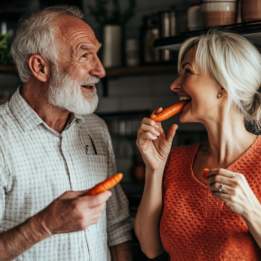 Smiling older couple enjoying fresh carrots together, showcasing the health benefits of a vegetarian diet for maintaining vitality and well-being.